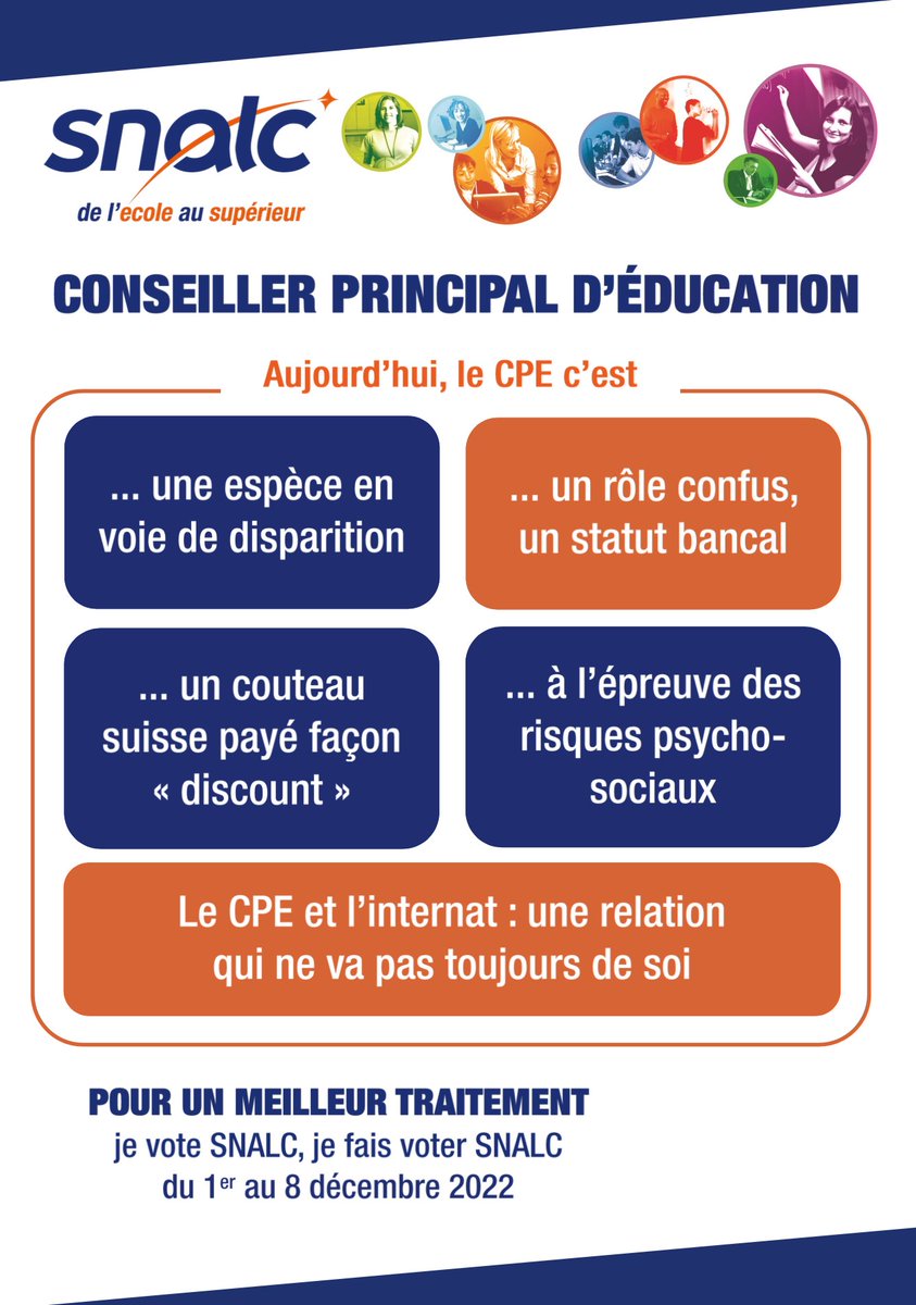 SNALC_National's tweet photo. #ElecPro2022 Le métier de #CPE , épine dorsale de la vie d'un établissement scolaire, n'est pas assez valorisé. Le SNALC réclame une revalorisation du métier
🗳️ https://t.co/K5xLAq3Bs2 #educnat https://t.co/UGIFCel4yA