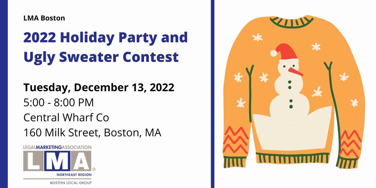 Join #LMANE_Boston on December 13 at Central Wharf Co to celebrate the holiday season! Wear your favorite ugly sweater for a friendly competition.

Donations for Rosie’s Place, in the form of gift cards, would be appreciated but are not a requirement!

bit.ly/3VyVnxc