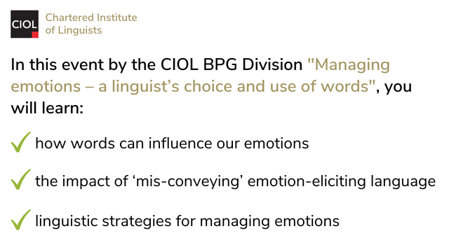 CIOL_Linguists's tweet photo. Emotional language is powerful, so it can be challenging to navigate. How can #linguists ensure that they transfer the ‘right level’ of meaning through their words in another #language? Explore this and more at the @CIOLBusiness event on Friday 2 December: https://t.co/K1QPSubycf https://t.co/bK5L7i5T3F