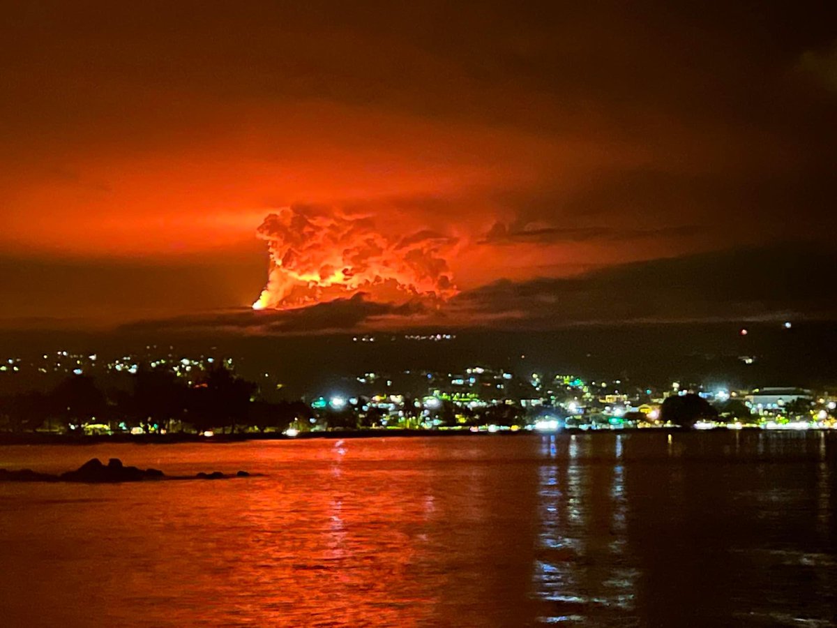 Are you aware that Mauna Loa on the Big Island of Hawaii is erupting? Here’s someone’s photo from Hilo Bay. Breathtaking!