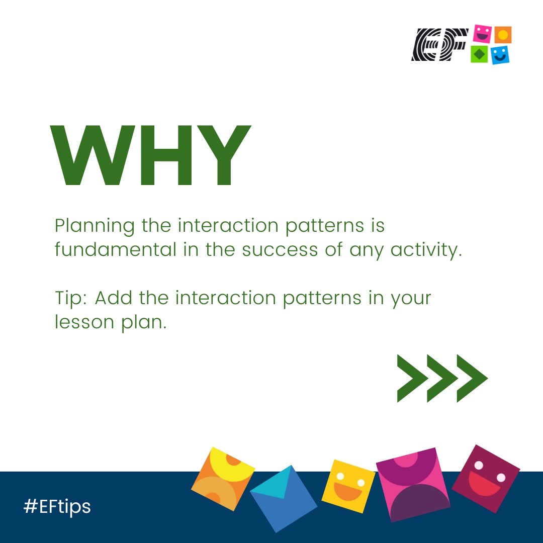 efworkabroad's tweet photo. #EFtips - Part 1
#Hello all! Today, for our #Eftips our topic is interaction patterns. What types of interaction patterns do you use in your classes?
APPLY here: 😍 https://t.co/GI0mZtt7RS
#teachingtips #teaching #teachersofinstagram #esl #teach #tips #teachers #work https://t.co/qqwkOrXnWd