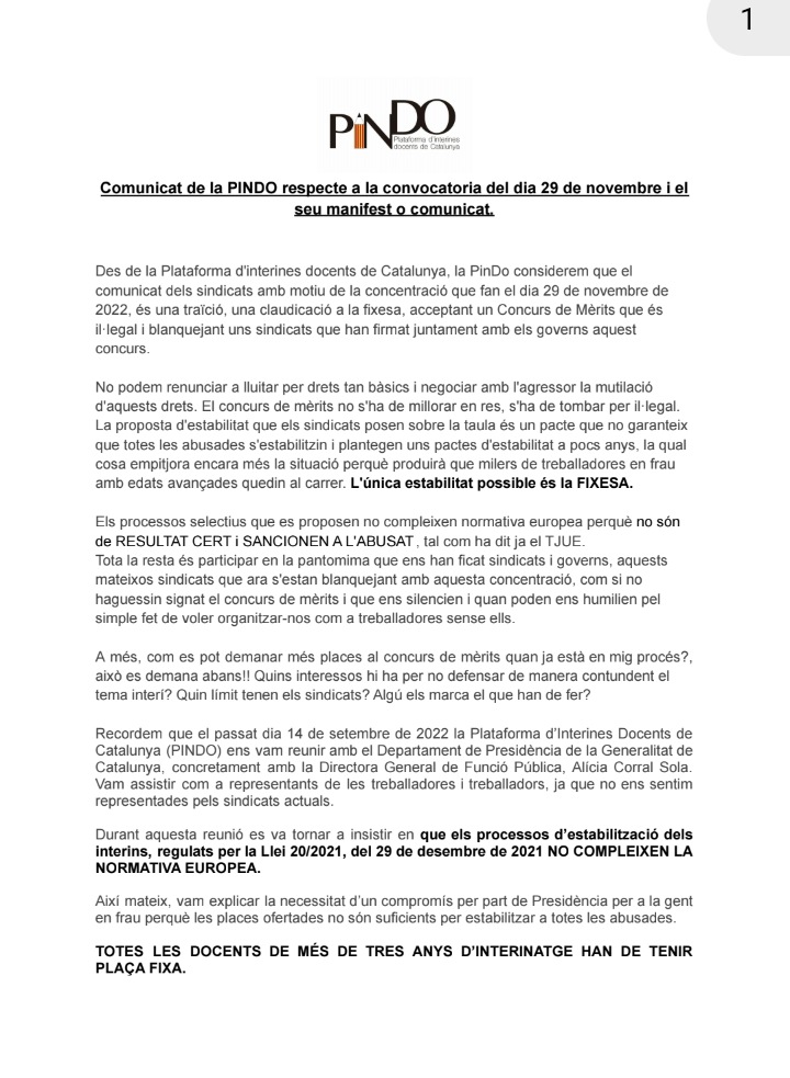 P_InDo's tweet photo. ⭕ COMUNICAT de la PINDO, respecte a la concentració i manifest de la concentració convocada per sindicats d'avui dia 29 de Novembre.

NO RENUNCIAREM A LA FIXESA‼️
Una interina en frau=Una plaça fixa https://t.co/jhpy9wQObv