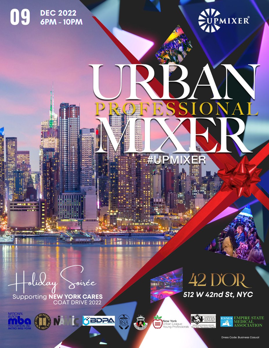 Urban Professionals Mixer – The 7th Annual “Holiday Soirée”

Friday, December 09th, 2022
6PM TO 10PM

42 D’OR - 512 W 42ND ST New York, NY 10036