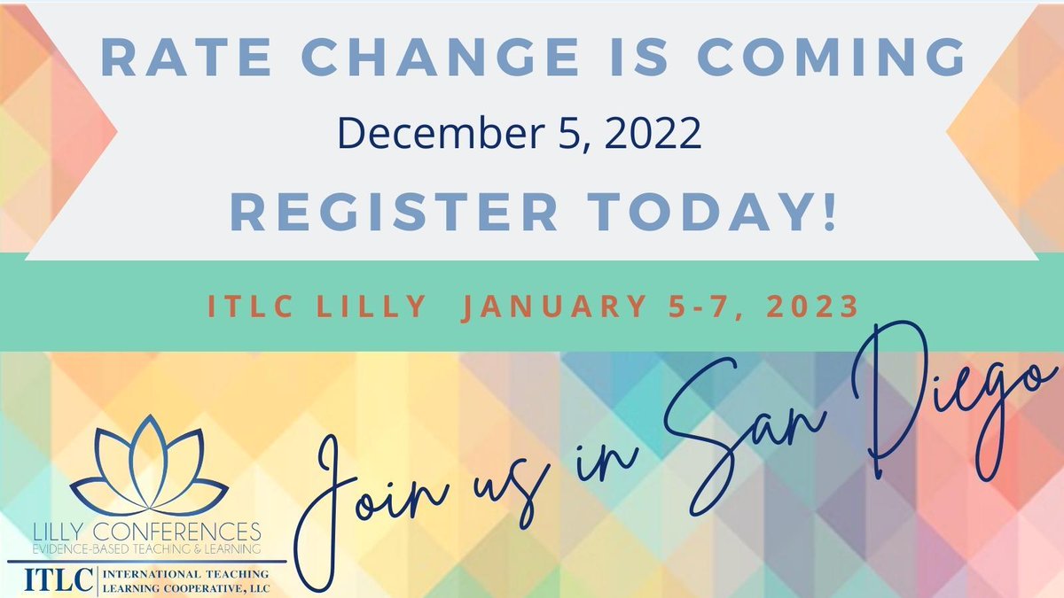 ITLC_Lilly's tweet photo. Cold January π
January in San Diego π
Learning with a great bunch of colleagues π
Register today before the rate changes! β
https://t.co/b5rZrZB8AD
ITLC Lilly San Diego January 5-7, 2023
#HigherEd #HigherEdConference #Teach #learn #ProfDev #SanDiego #California https://t.co/B4CeREglBj