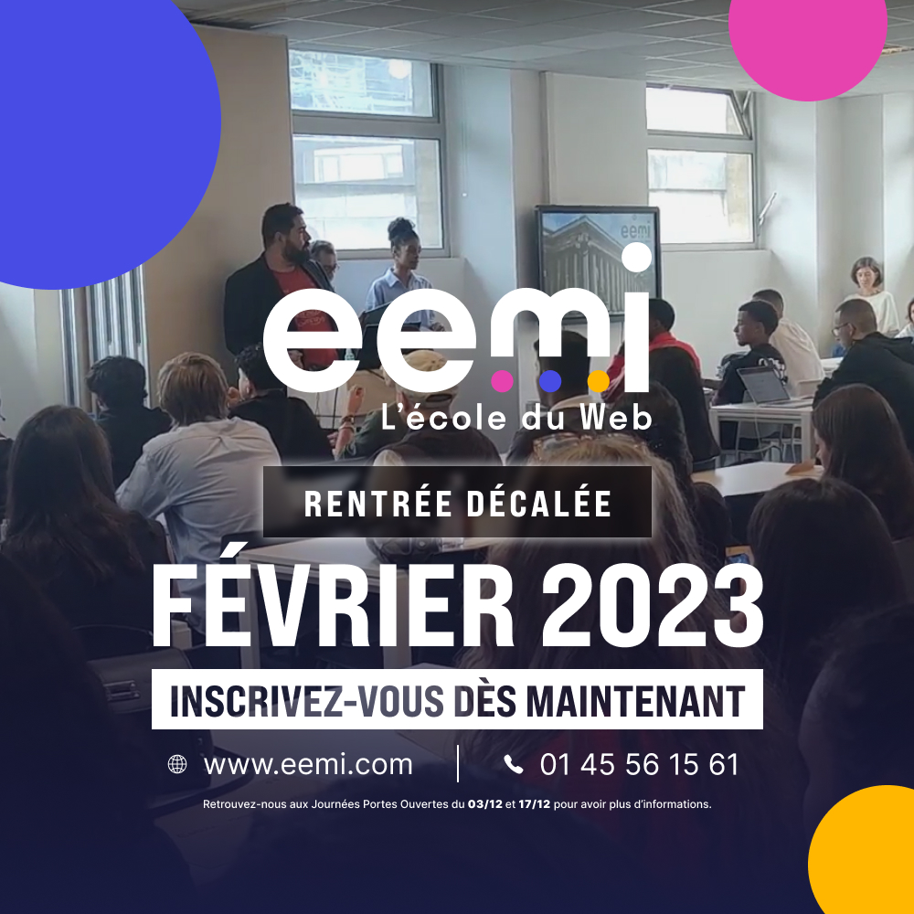 EEMI75's tweet photo. Intégrez l'EEMI - L'École Européenne des Métiers de l'Internet en rentrée décalée dès février 2023 ou en rentrée classique : septembre 2023.
↗ infos https://t.co/QqPkAWRzN2 & inscription entretien admission : https://t.co/E3HRzK3XXy
#webschool #numerique #digital #orientation https://t.co/MG9eApNwGh