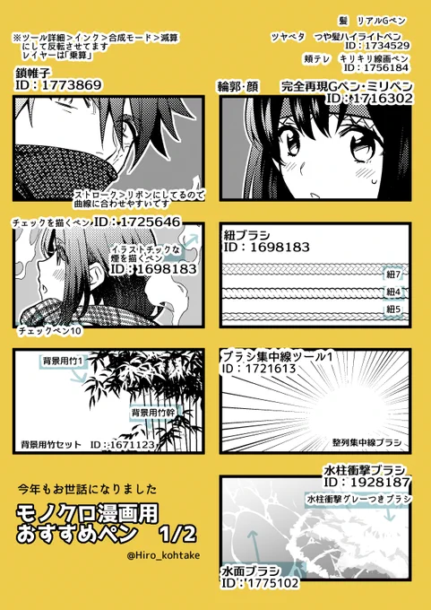 モノクロ漫画用のブラシいろいろ、お世話になっているペンをまとめました(グレスケも少々…自分で使う時はこのあとにトーン化して使う) 有償も無償もまざってます #おすすめペン 