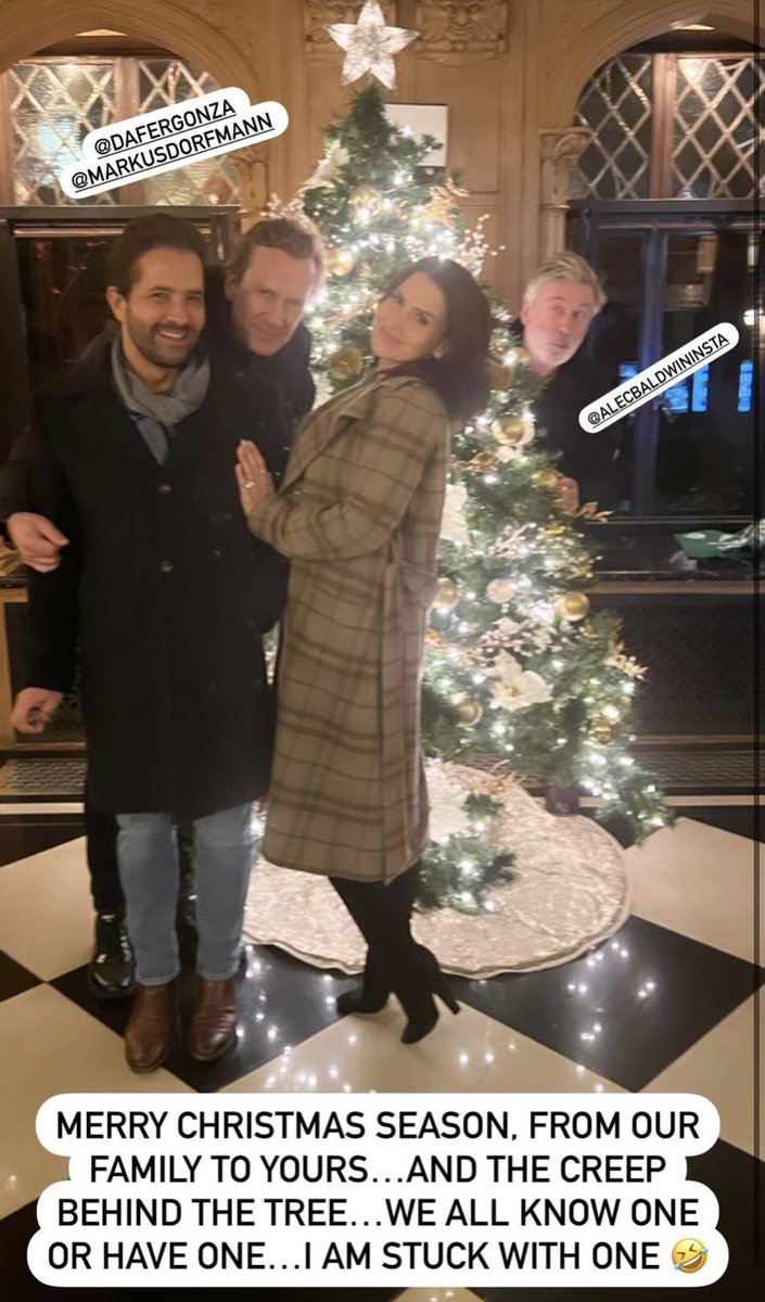 LicenseToHil's tweet photo. Alec is always spying on me when I go out. Here is trying to be blend in as a christmas tree. At least it’s better than when he goes around the city in a trash can. It’s BYOC (bring your own creep) when I’m out with my amigas. https://t.co/gnqGIvGFml