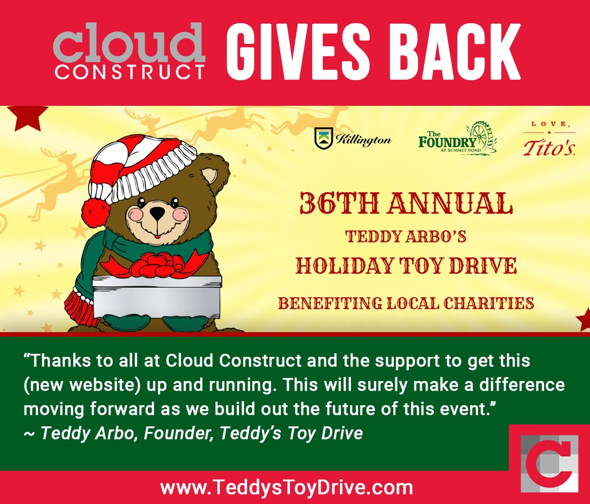 Let’s celebrate #GivingTuesday2022 with Teddy’s Holiday Toy Drive in #Killington Vermont. Cloud Construct is pleased to share the latest in our #goodworks efforts: teddystoydrive.com