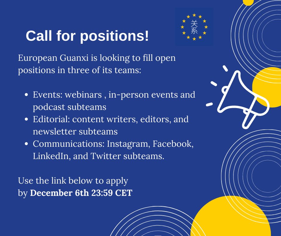 EuropeanGuanxi's tweet photo. ❗️European Guanxi is looking for new staff!❗️
🗓 Apply using the link below by December 6th!
📝 Feel free to apply multiple times, one for each position you apply to. We encourage you to apply for as many as you’d like! ✨
👉 https://t.co/d03ZoqxG1r
#EG #call #openpositions https://t.co/gCV59p5oOd