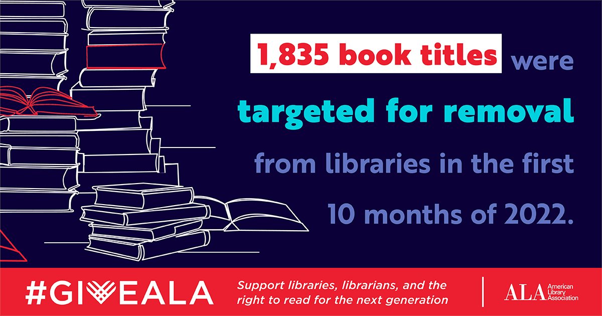 In the first 10 months of 2022, the number of attempts to ban books in libraries and the number of books targeted have already surpassed the record-breaking totals of 2021. Support the right to read for the next generation — #GiveALA on #GivingTuesday. bit.ly/Give2ALA