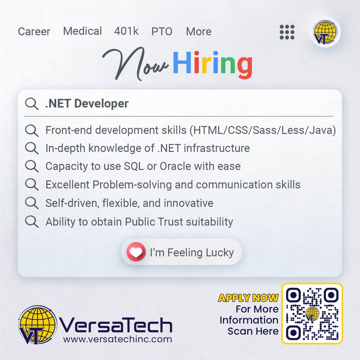 #HotJobs | #JoinOurTeam Are you an AMAZING .NET Developer? Are you looking for something more than just a job? Begin your next adventure with #VersaTech!

#careers #job #hiring #webdevelopment #webdesign #webdeveloper #html #website #coding #werehiring #nowhiring