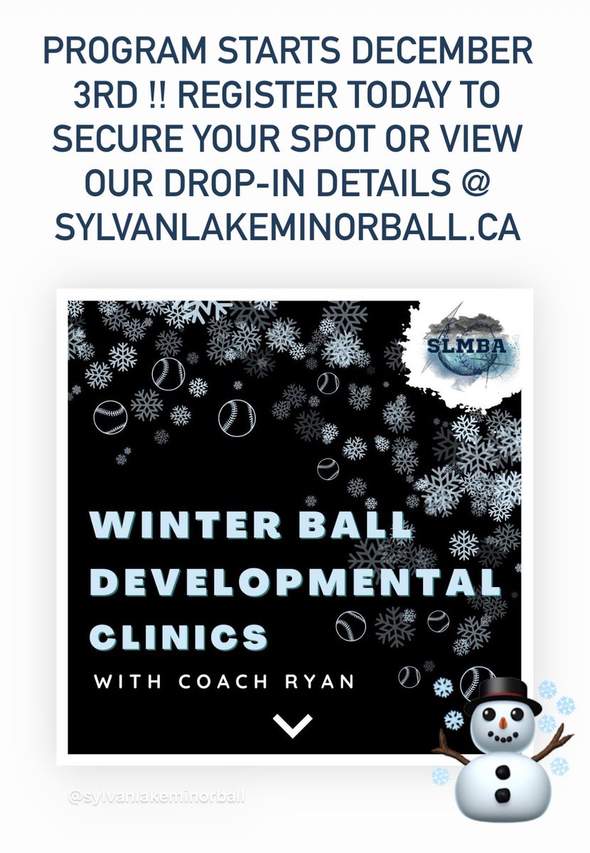 ❄️⛄️⚾️ PROGRAM STARTS DECEMBER 3RD !! 
REGISTER TODAY TO SECURE YOUR SPOT OR VIEW OUR DROP-IN DETAILS @ SYLVANLAKEMINORBALL.CA ⚾️⛄️❄️ #sylvanlakeminorball #slmba #slmbawinterball