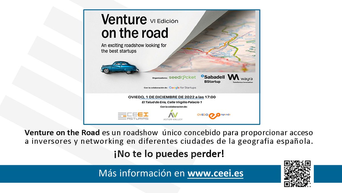 Toma NOTA 📝: Este JUEVES, 🗓 01 de DICIEMBRE, a las ⏰ 17:00 h en 📍 El Talud de la Ería en Oviedo llega el "VI Venture on the road ASTURIAS".

Contará con Darío Méndez, cofundador de El Tenedor y fundador de Eirello Capital.

ℹ👉 ceei.es/sites/agenda/e…

#VentureOnTheRoad
