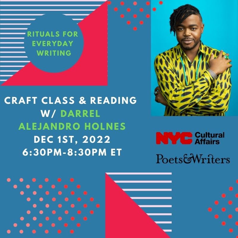 OfficeHoursPoet's tweet photo. FREE Office Hours Poetry Workshop Craft Class Alert! Don't miss this opportunity to jump start your everyday writing rituals! 

Check out this virtual Craft Class and reading with author Darrel Alejandro Holnes this THURSDAY, December 1st, 2022 from 6:30 PM-8:30 PM ET. https://t.co/wqotY0jIsT