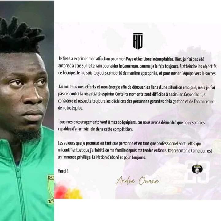 Belle sortie...
Mots mesurés...
Force à toi André Onana
#CDM2022 
#Cameroon 
#TeamCameroon