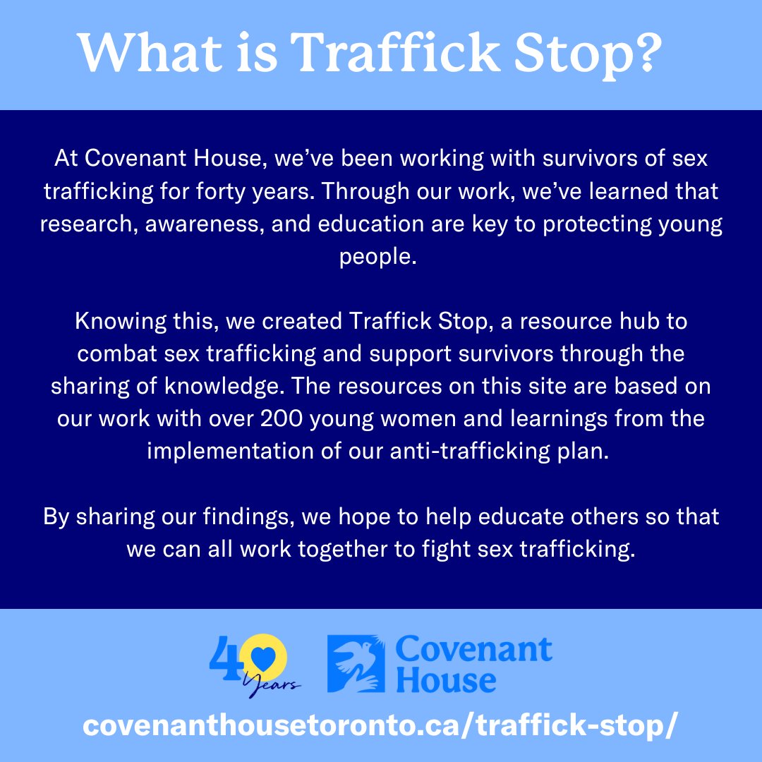 CovenantHouseTO's tweet photo. DYI that #TraffickStop – is our online resource hub to help combat sex trafficking &amp; support survivors by sharing knowledge. Learn more: https://t.co/QzF8trjLEg https://t.co/CHitLoPSqI
