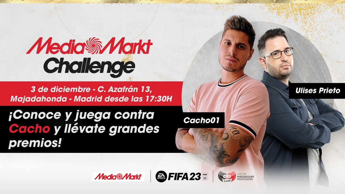 Este sábado <a href="/cachoo01/">Cacho01</a> estará en la tienda de <a href="/MediaMarktGames/">MediaMarkt Games</a> en el CC de Majadahonda esperando vuestros retos en el FIFA23. ¡No faltéis!

También tendremos a <a href="/ulisesprieto/">uLISES 🦊</a> dinamizando el evento 🎙️