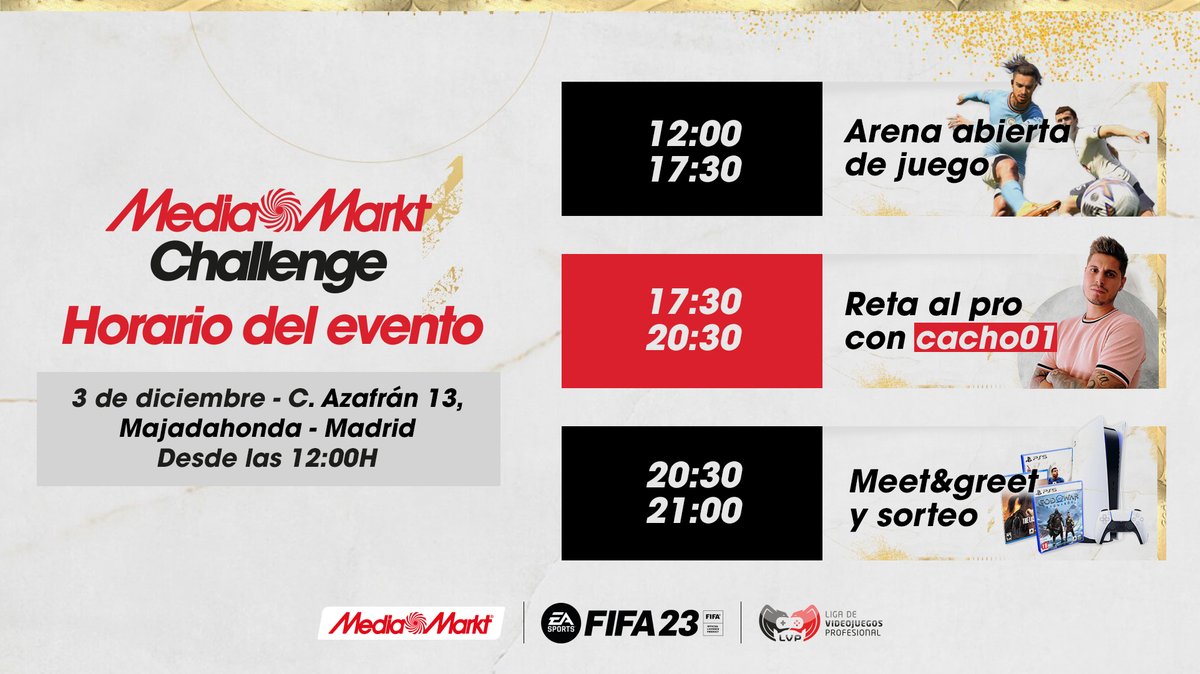 Te propongo un plan para este sábado 3 de diciembre en Madrid 👀

📍Tienda de <a href="/MediaMarktGames/">MediaMarkt Games</a> en el CC de Majadahonda
⚽️ Juega contra <a href="/cachoo01/">Cacho01</a>
📸 Conoce a <a href="/ulisesprieto/">uLISES 🦊</a> 
🎁 Participa en sorteos

¡Menciona a tu amigo de toda la vida para que se entere!