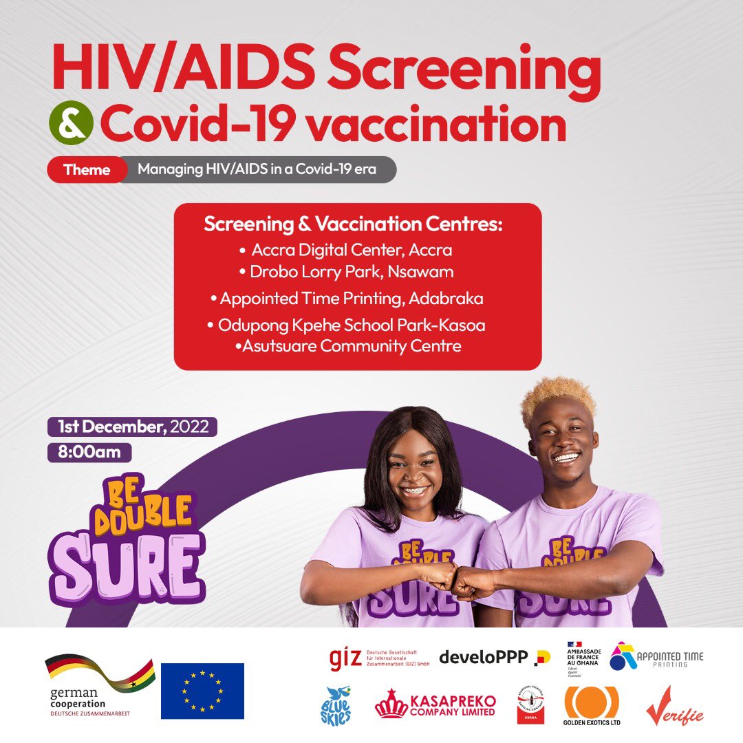 Akosuah_T's tweet photo. It is time to be Double Sure! On 1st December there will be HIV/AIDS screening and Covid-19 Vaccination at selected Centres, make it there and know your status.
#you4deyguard
#bedoublesure https://t.co/6EvkuCpz9t
