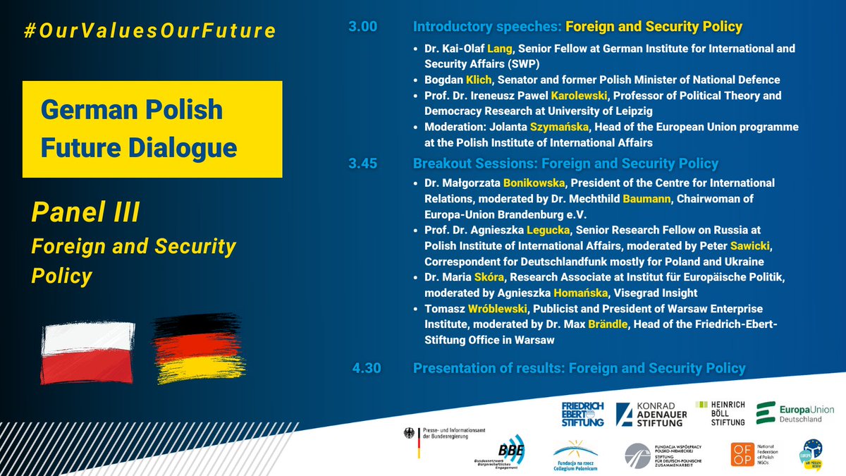 EUD_Dialog's tweet photo. Moderator @jola_szymanska opens the 3rd panel of the 🇩🇪🇵🇱 Future Dialogue on Foreign & Security Policy.Join the debate with Kai Olaf Lang @SWPBerlin, @BogdanKlich, @ALegucka, @_Sawicki_P_, @MariaSkora, @aahomanska, @tomaawroblewski...
👉https://t.co/vetNrCL9ph
#OurValuesOurFuture https://t.co/lcuQLsxH3Z