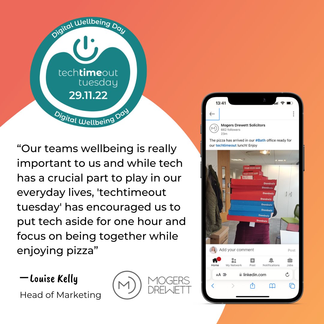 techtimeout (@techtime_out) on Twitter photo The team at Mogers Drewett Solicitors have put their technology aside for one hour to enjoy some pizza 🍕 #techtimeouttuesday #digitalwellbeingday The team at Mogers Drewett Solicitors have put their technology aside for one hour to enjoy some pizza 🍕 #techtimeouttuesday #digitalwellbeingday
