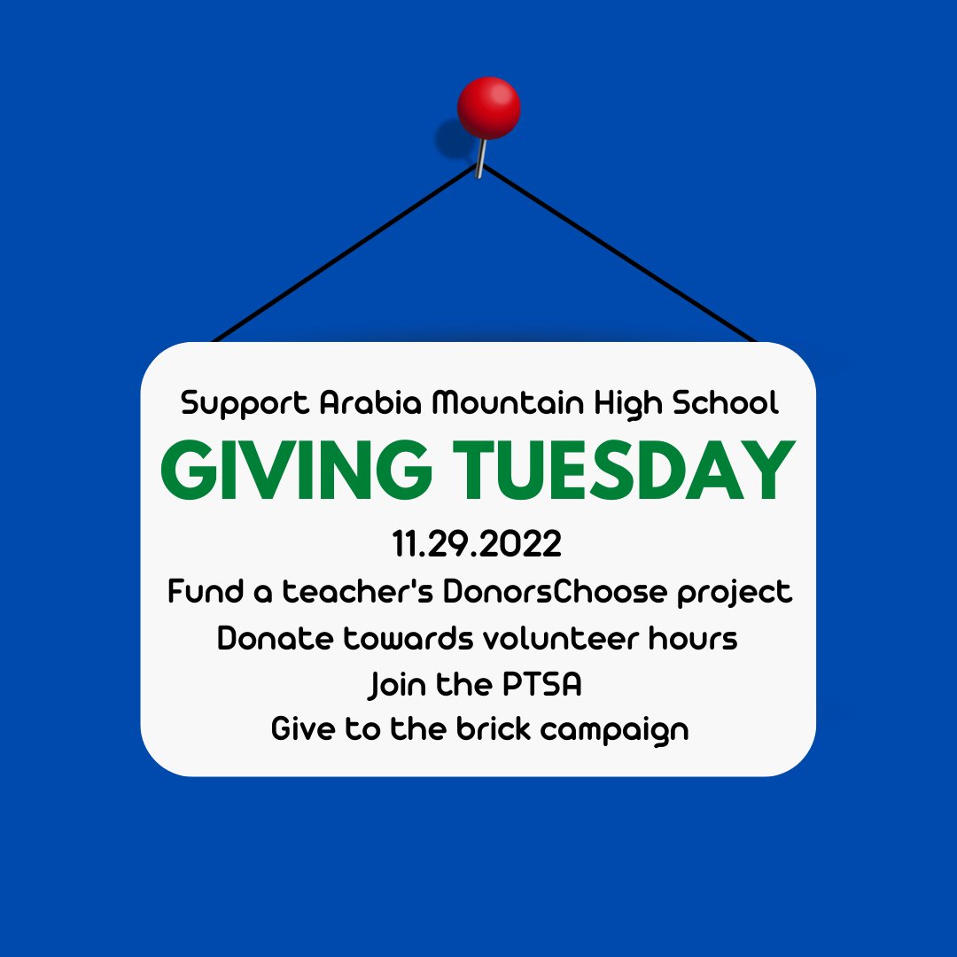 Arabia Mountain High School (@amhsrams) on Twitter photo It's #GivingTuesday! Support a teacher's <a href="/DonorsChoose/">DonorsChoose</a> project (link 👇), join <a href="/ArabiaHsptsa/">ArabiaHSPTSA</a>, give to the brick campaign, or donate towards volunteer hours. tinyurl.com/amhsdonorschoo… It's #GivingTuesday! Support a teacher's <a href="/DonorsChoose/">DonorsChoose</a> project (link 👇), join <a href="/ArabiaHsptsa/">ArabiaHSPTSA</a>, give to the brick campaign, or donate towards volunteer hours. tinyurl.com/amhsdonorschoo…