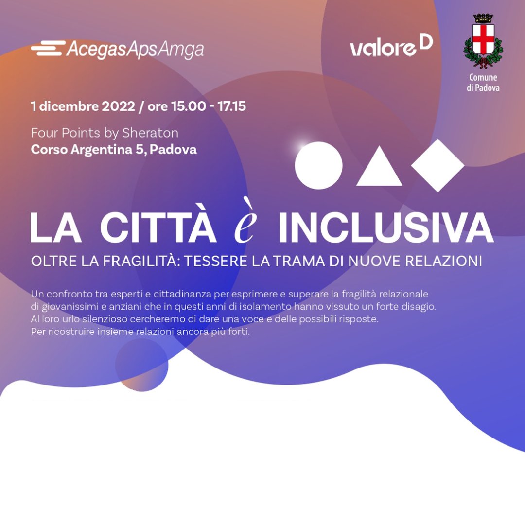 🌆 Giovedì 1 dicembre <a href="/AcegasApsAmga/">AcegasApsAmga</a> organizza il convegno "La città è inclusiva. Oltre la fragilità: tessere la trama di nuove relazioni", per discutere delle difficoltà insorte dopo la pandemia per giovani e anziani. 
ℹ️ Iscrizioni e info 👇 
padovanet.it/evento/convegn…
#Padova