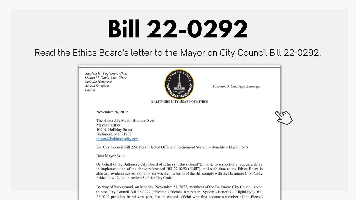 BaltimoreEthics's tweet photo. The #Ethics Board sent a letter to the Mayor concerning City Council Bill 22-0292. Read it here: https://t.co/J6fjyKlLXN https://t.co/GUxnq6LnA5