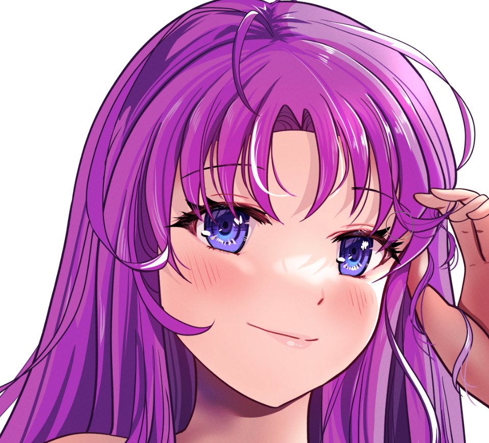 1girl solo purple hair smile white background long hair portrait  illustration images