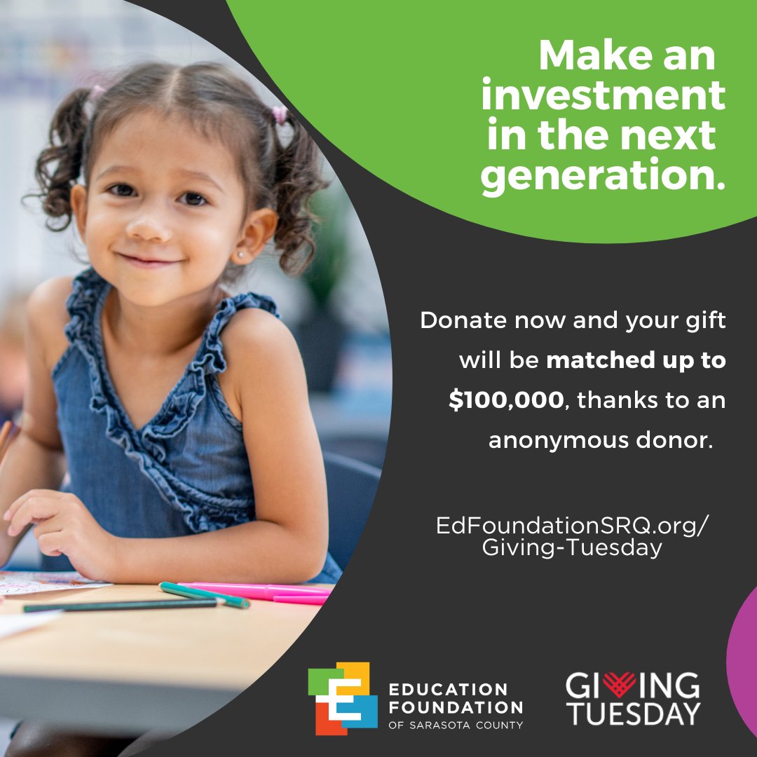 #GivingTuesday2022 is finally here! This year, we hope to raise $100,000 before December 31st. Your donation in any amount will help us fulfill our mission, so please join us in supporting students and teachers of Sarasota County Schools! 
EdFoundationSRQ.org/Giving-Tuesday
