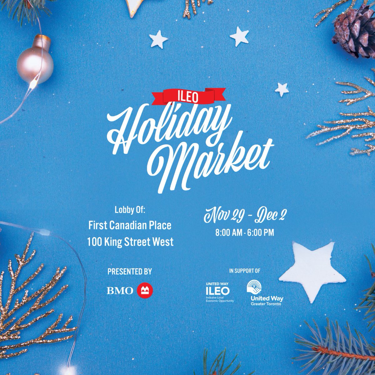 BMO's tweet photo. Support emerging entrepreneurs from Nov 29 – Dec 2 at the ILEO Holiday Market, supported by @UWGreaterTO! Discover locally-produced goods and get your gifts wrapped at our special #WrapTheGood wrapping station. Looking forward to seeing you there! #BMOGrowTheGood https://t.co/MMialHfDI0