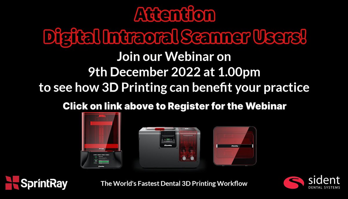 SidentDentalSys's tweet photo. Want to know about how 3D Printing can benefit your practice? Join our FREE Webinar Friday 9th December for more information!

Click on link below to register your interest
https://t.co/EYWLcATTlO

#sprintray #digitaldentistry #dentist #sident #dentalprofessionals #3dprinting https://t.co/dCl7Qm7dVP
