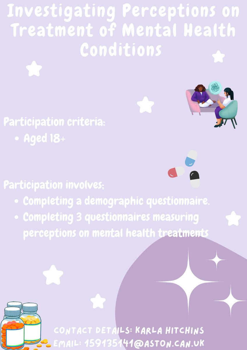 I am looking for participants to take part in my
research study: investigating perceptions on mental
health treatments! All participants information and data
will be kept confidential. Please retweet! : astonpsychology.eu.qualtrics.com/jfe/form/SV_3k…