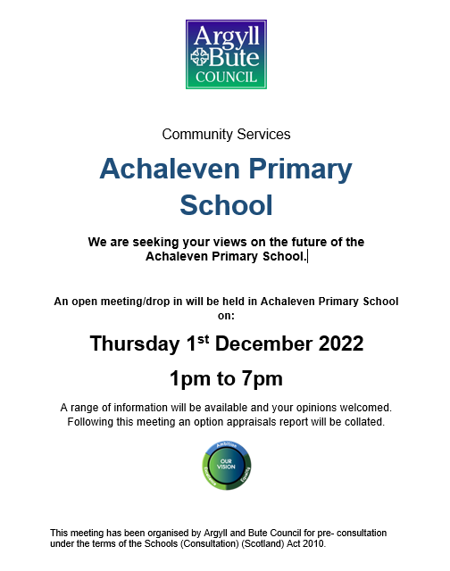 argyllandbute's tweet photo. We want to hear your views on the future of Achaleven Primary School at a drop in event in the school this Thursday (1 December) between 1pm and 7pm. https://t.co/G0C04d08sU
