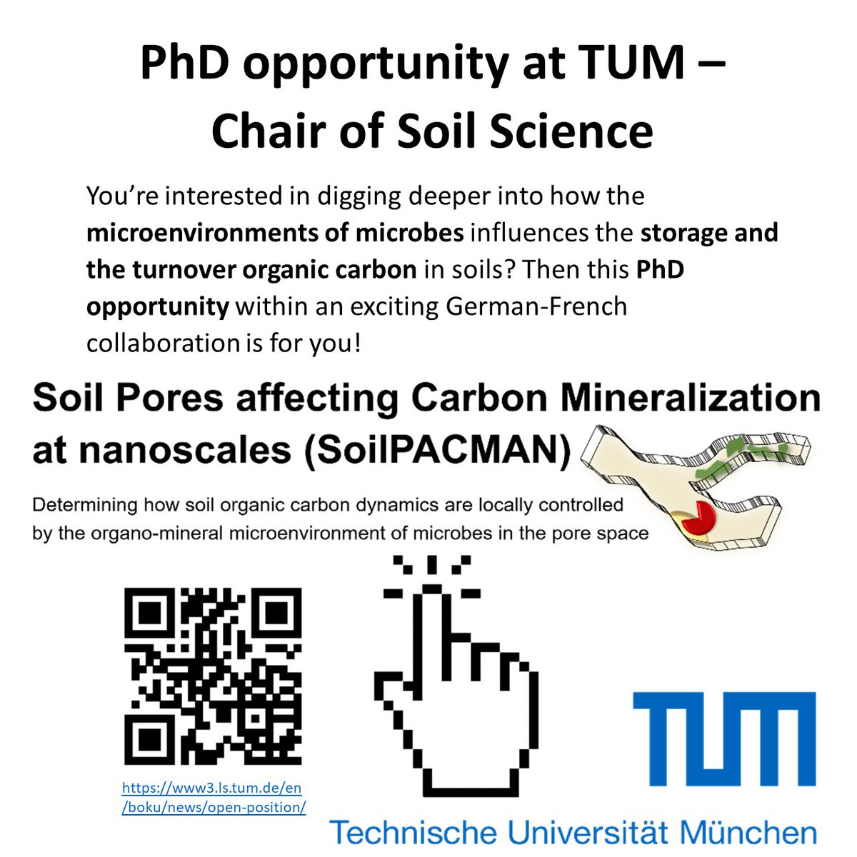 Searching for a PhD student <a href="/TUMsoil/">@TUMsoil</a> (Munich) to work on how #OrganicCarbon storage and turnover is influenced by the organo-mineral (porous) microenvironments of microbes (exciting 🇫🇷-🇩🇪 collaboration). Please RT. Thank you!
👉 www3.ls.tum.de/en/boku/news/o…