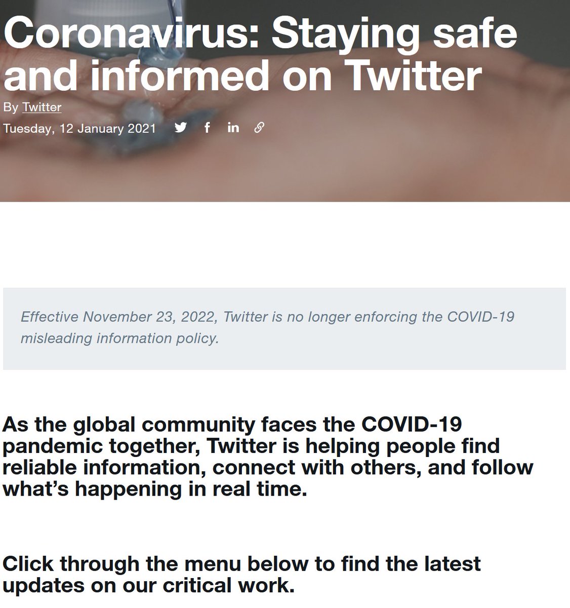 Kristin Branson @kristinmbranson@social.coop (@kristinmbranson) on Twitter photo Twitter has added a note on its COVID misinformation transparency site that it is no longer enforcing its COVID misinformation policy.
transparency.twitter.com/en/reports/cov…
blog.twitter.com/en_us/topics/c…
Note that the rest of the page still talks about how important it is to enforce this policy. Twitter has added a note on its COVID misinformation transparency site that it is no longer enforcing its COVID misinformation policy.
transparency.twitter.com/en/reports/cov…
blog.twitter.com/en_us/topics/c…
Note that the rest of the page still talks about how important it is to enforce this policy.