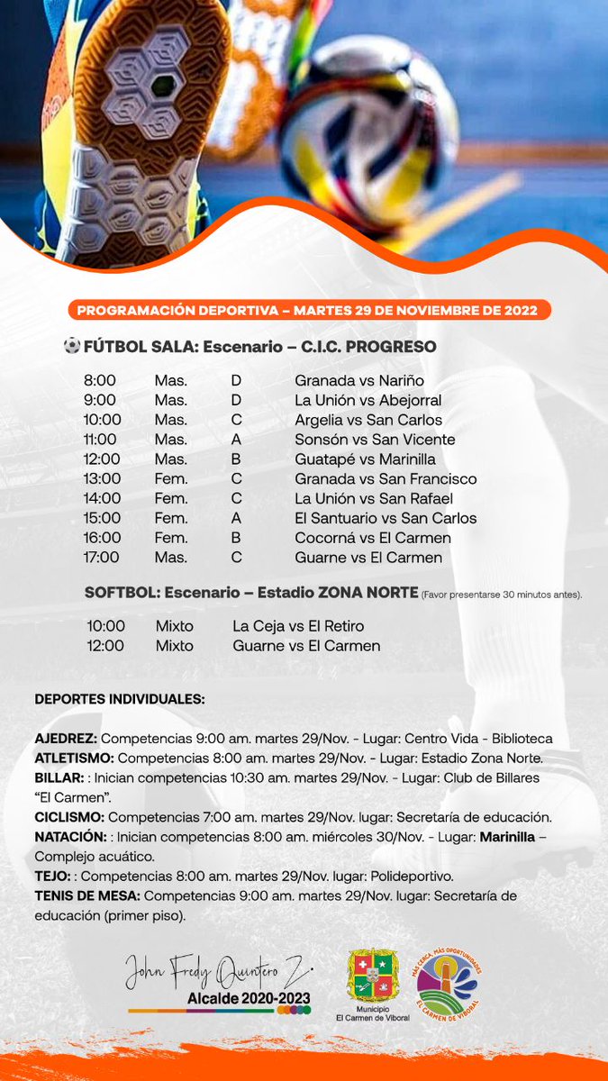 deportemascerca's tweet photo. #TierraDeCampeones ⚽️🏐🤸🏀🏓⛹️‍♂️🤼‍♂️
Les compartimos la programación de los juegos deportivos y culturales del magisterio para hoy martes 29 de noviembre.⬇️ @johnfquinteroz @ElCarmenV @Mineducacion @MinDeporteCol @IndeportesAnt @GobAntioquia https://t.co/oJrWk7bhop
