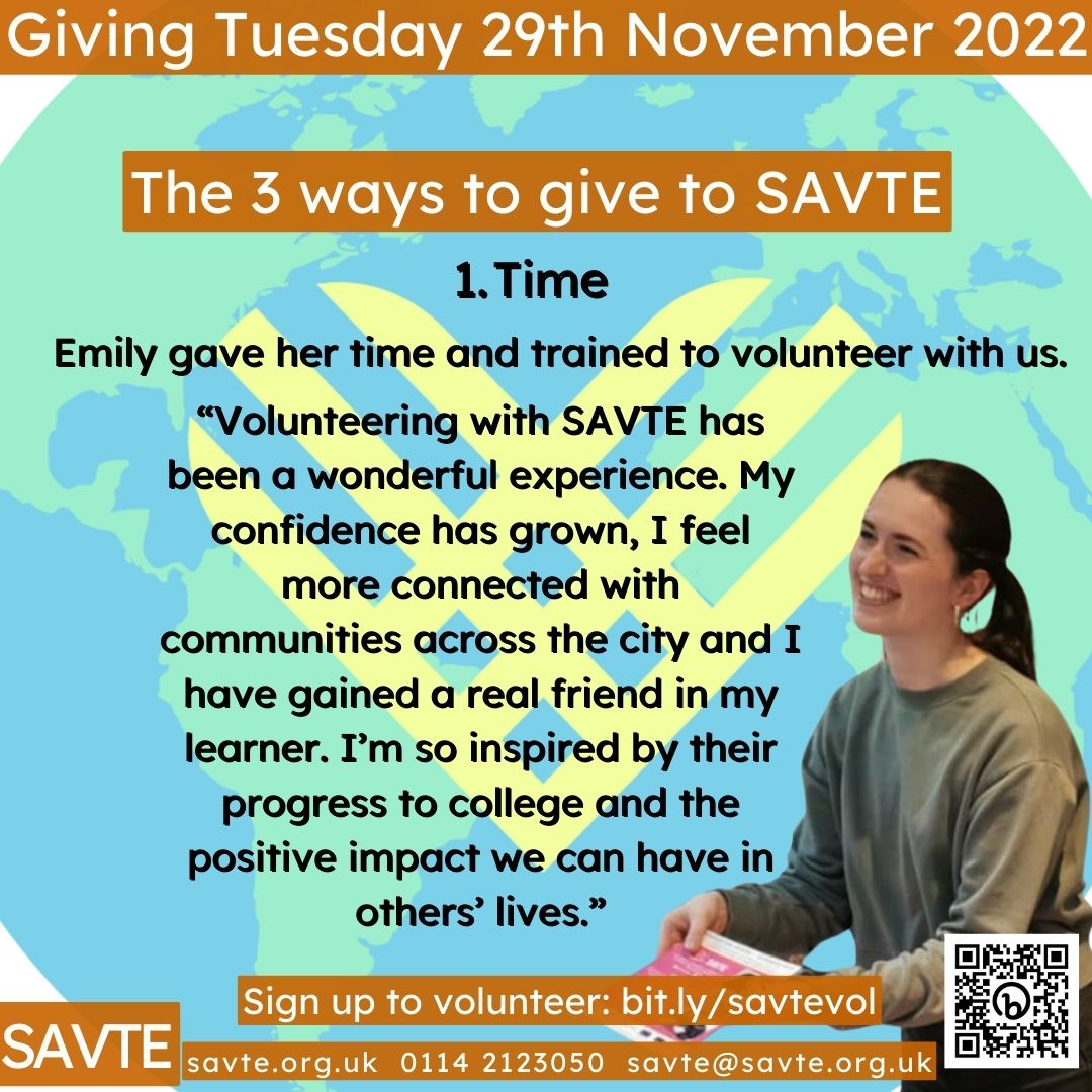SAVTE2's tweet photo. Happy Giving Tuesday to you! Together, today we will do something amazing
By giving your time to SAVTE you’ll help people build new lives in Sheffield and access the shops, services, culture and employment that makes living in this city a privilege. https://t.co/2yr6Uc8ysm