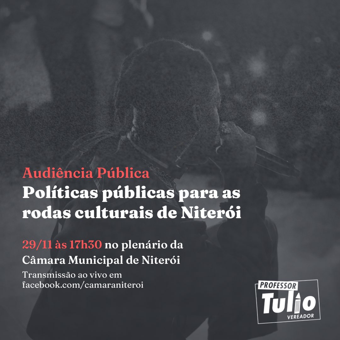 proftulionit's tweet photo. 📌É HOJE!

Nesta terça (29/11), às 17h30 vamos realizar Audiência pública na Câmara Municipal para debater políticas públicas paras as rodas culturais de Niterói. Com transmissão ao vivo em https://t.co/CnVZTnoSlQ

Vem com a gente! 🎶🎤

#nikity #niterói #niteroi #rodacultural https://t.co/Ikf8Ik286q