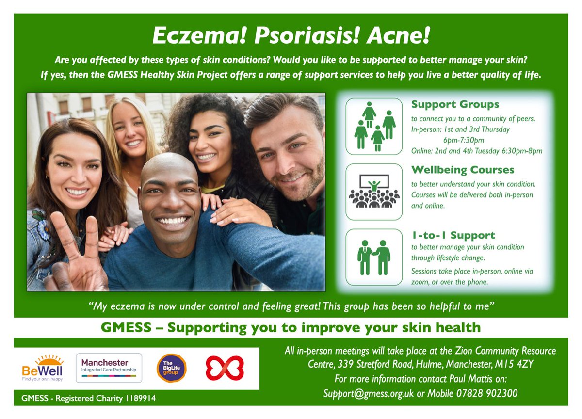 <a href="/ManchesterICP/">Manchester Integrated Care Partnership</a> + @BigLifeTweets are funding GMESS to deliver support groups, wellbeing courses and 1:1 support for #Manchester residents effected by skin conditions. 
Get in touch today at support@gmess.org.uk 
#socialprescribing #commmunity #wellbeing #support #peers