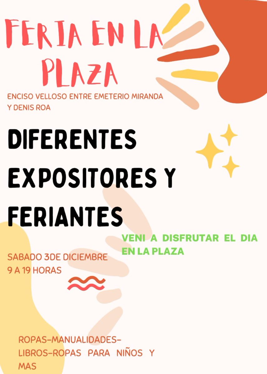 Feria en la Plaza Tte Lemos Maldonado (Dr. Guillermo Enciso Velloso entre Emeterio Miranda y Denis Roa, Barrio Ykua Satî)
Iniciativa de emprendedores vecinos del barrio.
Sábado 3 de diciembre de 9:00 a 19:00 hs.