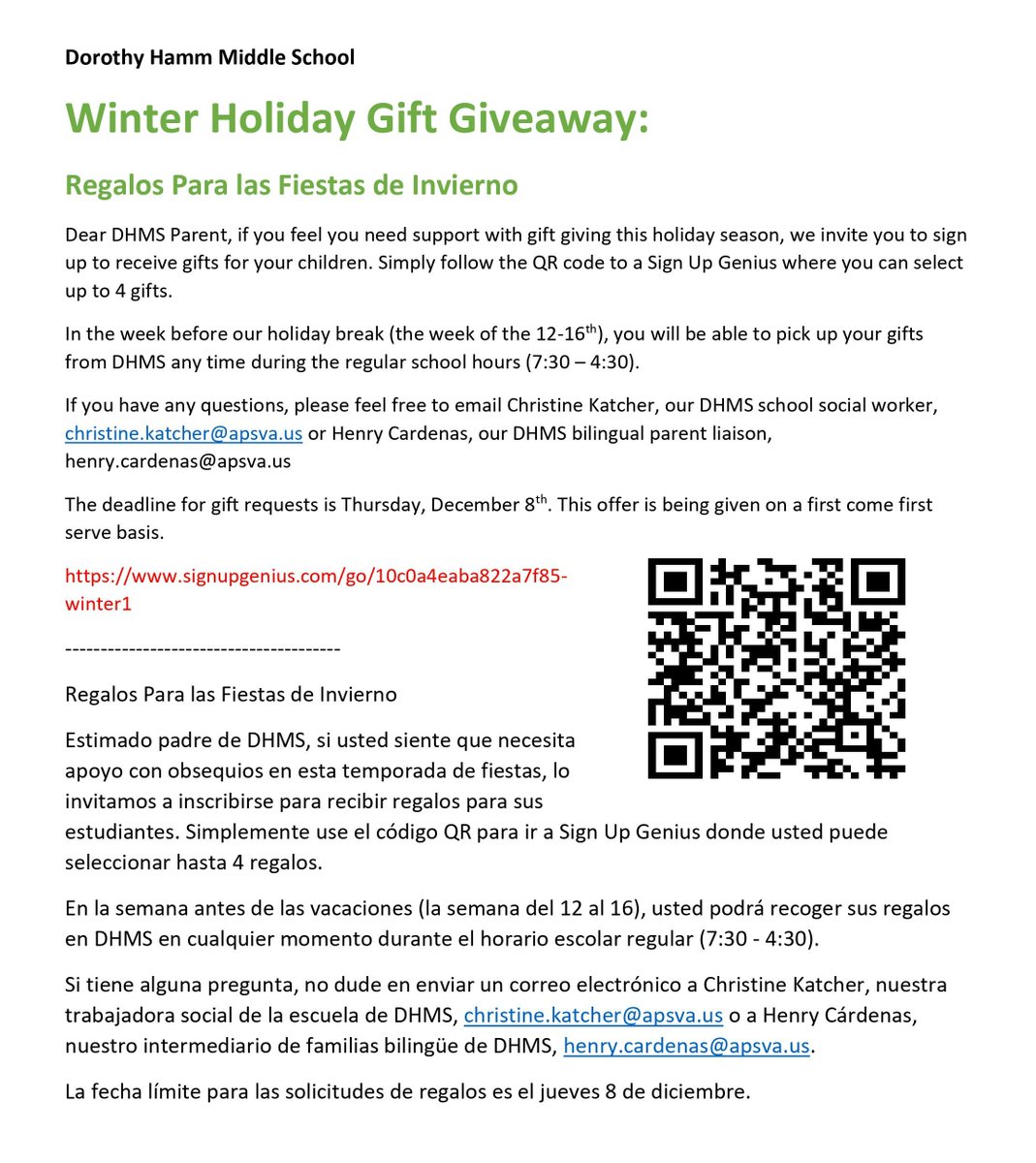 . @DHMiddleAPS- Familien, die in dieser Weihnachtszeit Unterstützung beim Verschenken von Geschenken benötigen, können sich jetzt für unser Winter Holiday Gift Giveaway anmelden.🎁❄️ #EveryAPSstudent #DHMSbelongandbecome Klicken Sie auf den Registrierungslink, um Geschenke auszuwählen. Weitere Informationen finden Sie im Flyer unten. https://t.co/YMjP3MSWih https://t.co/PNflMlS3b