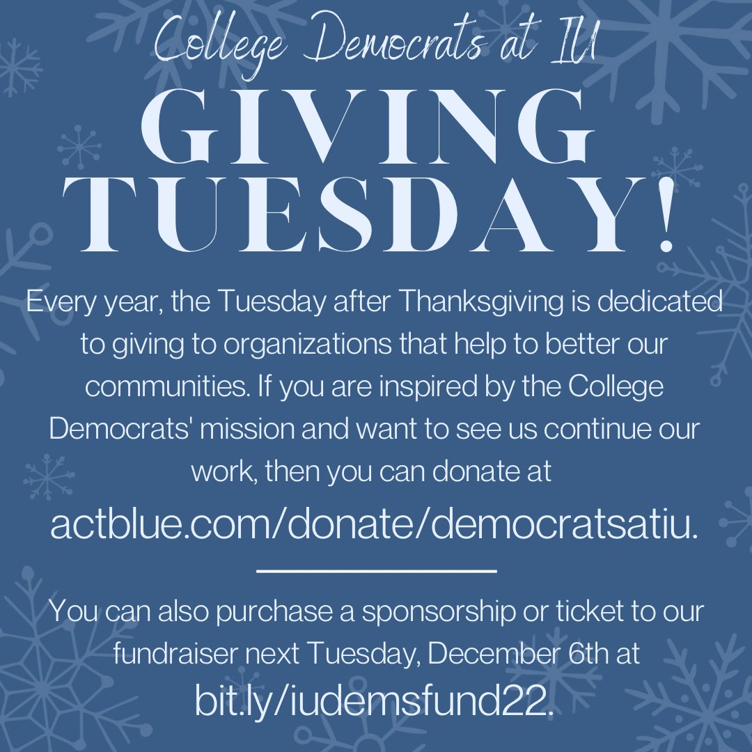 It’s giving Tuesday Democrats!!! Please consider donating or buying tickets to our Winter Fundraiser. Every year we raise our entire budget in one night, and we need your help to make it to our goal. Good news is, we’re already halfway there 🤩 We hope to see you there!