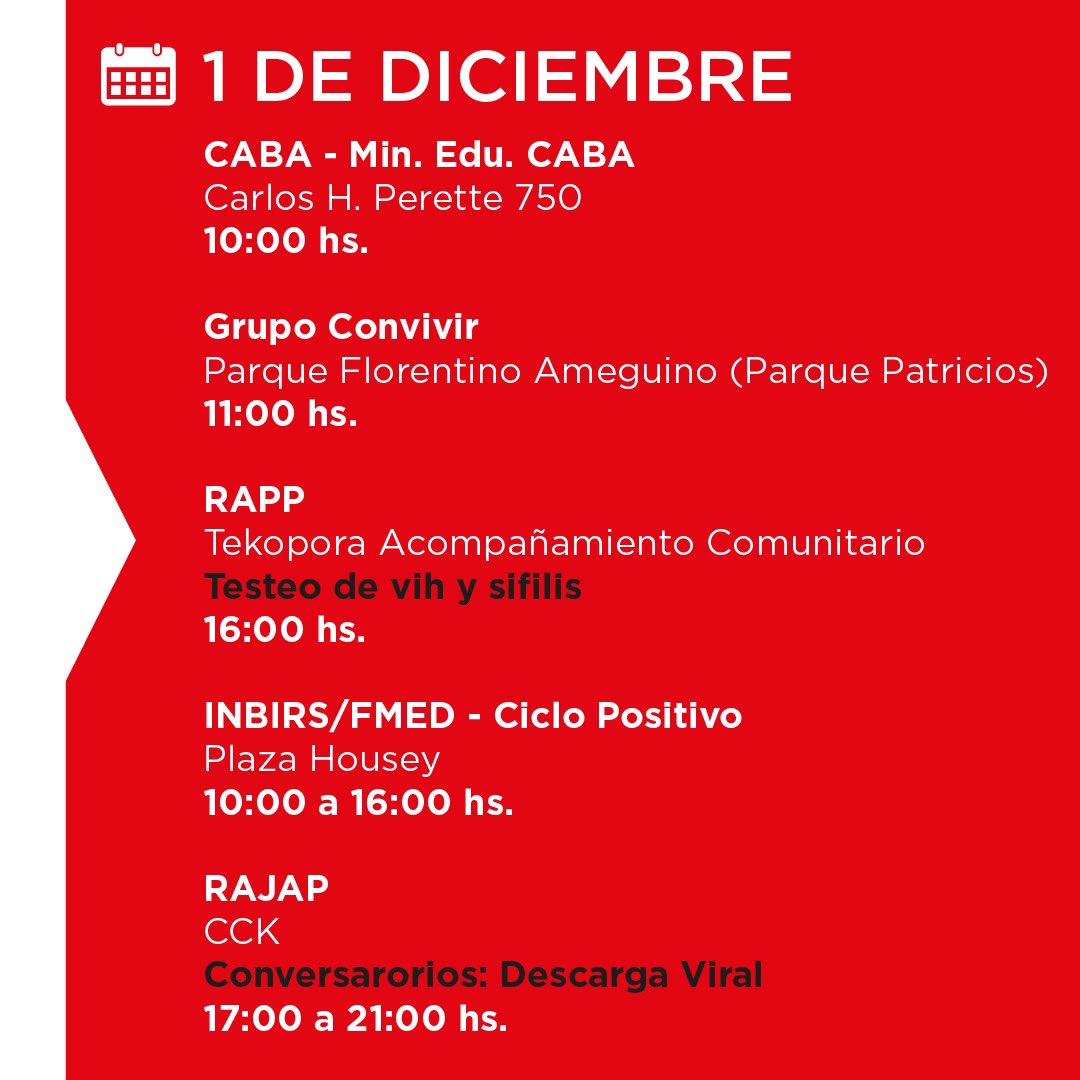 Este 1 de diciembre hay más de 20 actividades en todo el país en el marco del 1D. Muchas organizaciones  realizarán testeos de VIH y sifilis, pintadas de los murales ganadores del concurso, conversatorios sobre la ley 27.675 y actividades artísticas.
¿Y vos? ¿A cuál vas?
