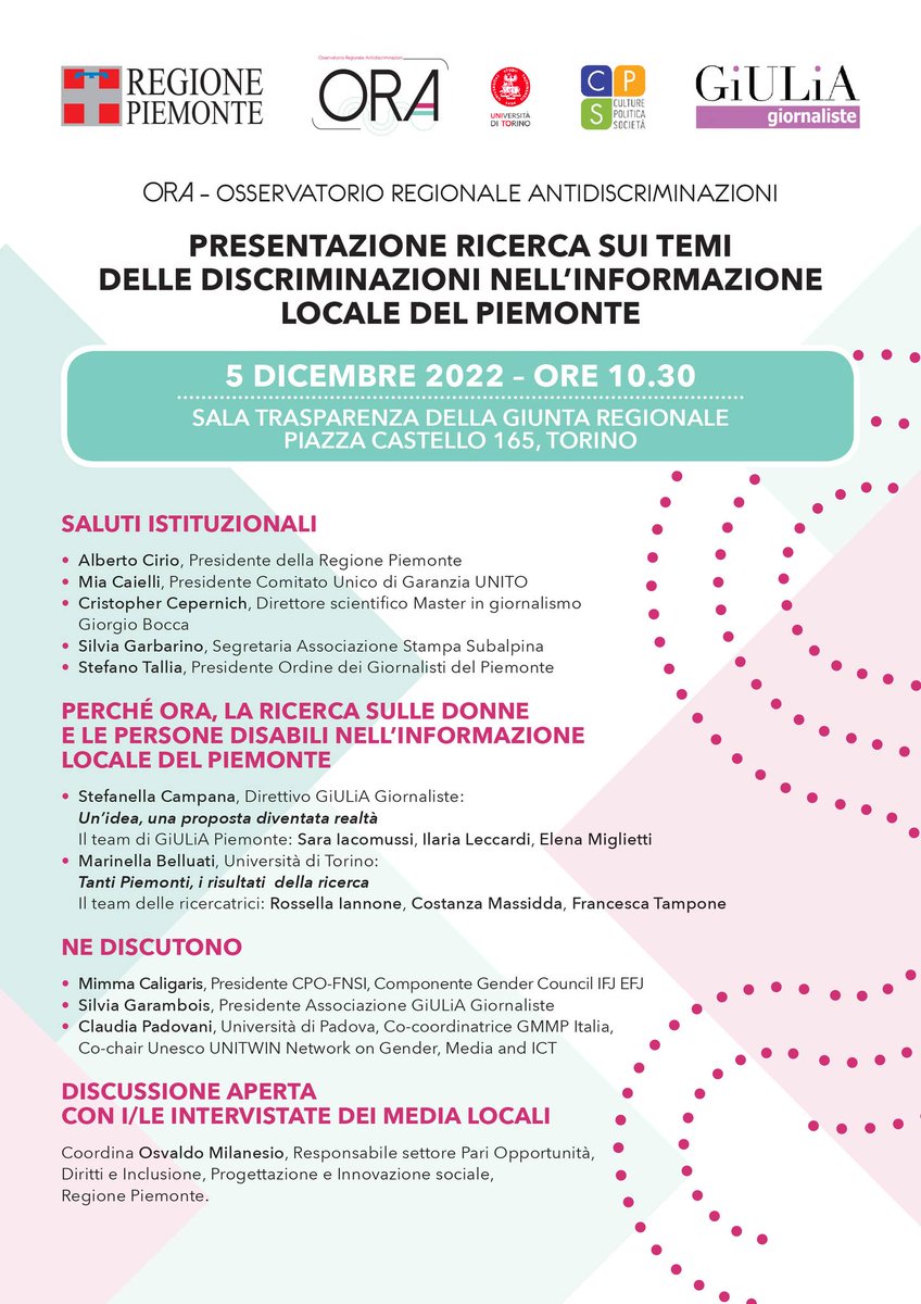 Presentazione dati ricerca di ORA - Osservatorio Regionale Antidiscriminazioni
📍lunedì 5 dicembre, h 10.30, Sala Trasparenza della Giunta Regionale del Piemonte, Piazza Castello 165, Torino
cirsde.unito.it/it/eventi/pres…