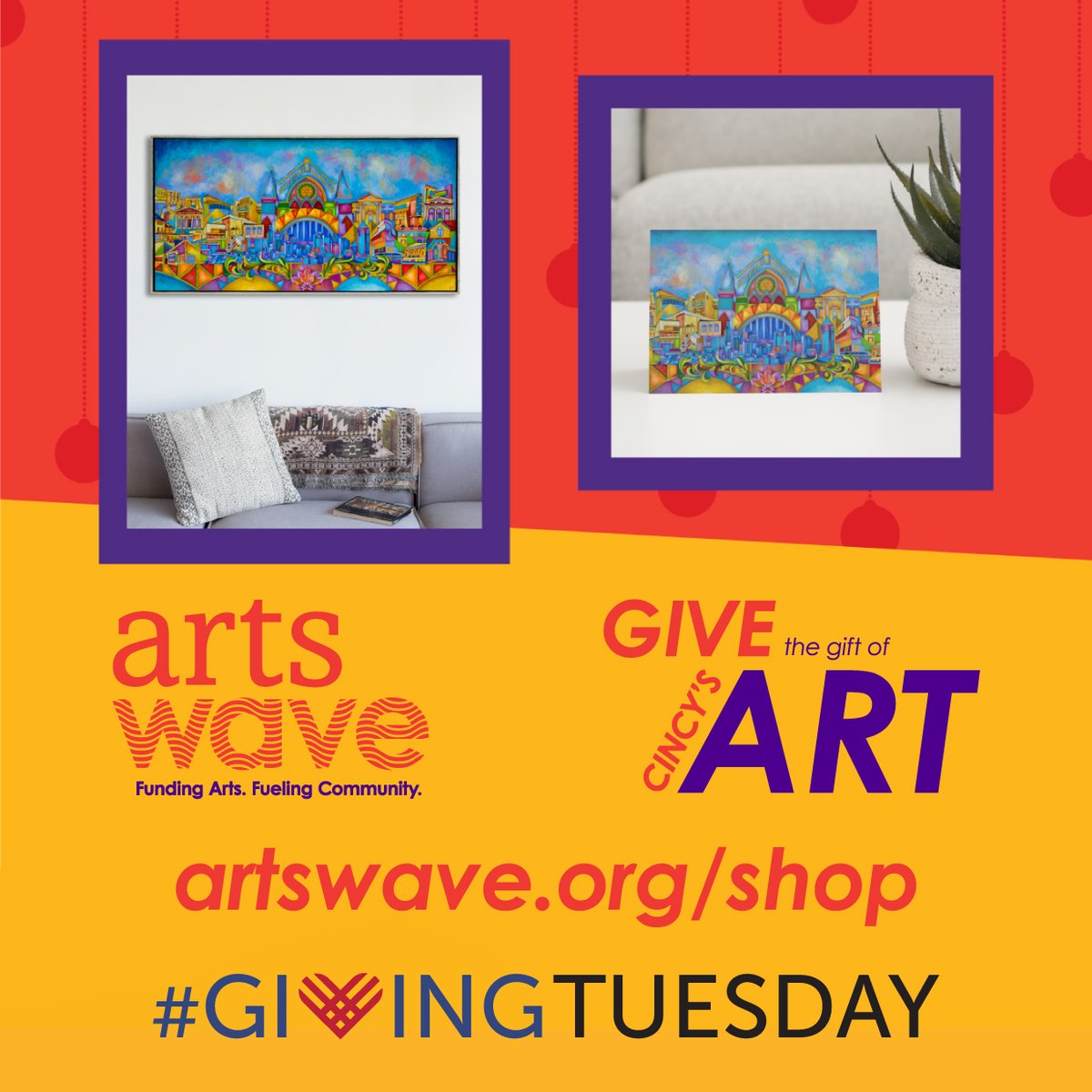 This #GivingTuesday, support #CincyArts and receive prints or note cards featuring "Our Golden City of the Arts" by local artist Cedric Michael Cox. Visit artswave.org/shop to find both options, or find more giving benefits at artswave.org/give.