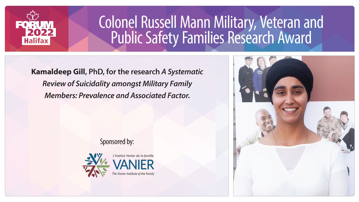 CIMVHR_ICRSMV's tweet photo. Congratulations to @KamaldeepKgill from @queensu! Recipient of the Col Russell Mann Award sponsored by @vanierinstitute for the research A Systematic Review of Suicidality amongst Military Family Members: Prevalence and Associated Factor. https://t.co/qalvDAUO3y