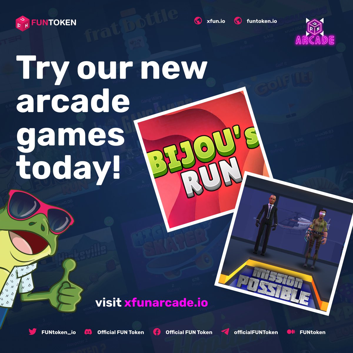 FUNtoken_io's tweet photo. The weather definitely favors #gaming.
Try our gaming arcade, #XFUNArcade, now!๐ฎ
We've recently added 2 new games: Bijou's Run & Mission Impossible!
Check them out now!
https://t.co/Cz9xDH3oLb https://t.co/LfjtgtB40Y