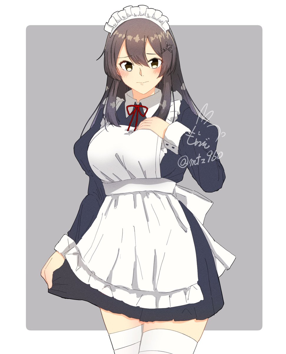oyashio (kancolle) 1girl solo apron thighhighs white thighhighs alternate costume maid  illustration images