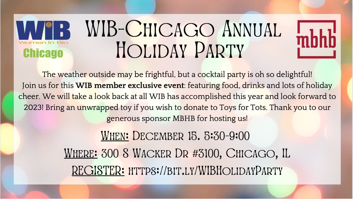 CHIWomenInBio's tweet photo. 'Tis the season for our annual holiday party! Join us 12/15 for food, drinks, and holiday cheer! Register: https://t.co/wlYWxuG49X https://t.co/NBdaPy35r5